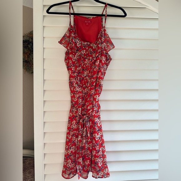 Elle red floral dress with waist tie, size 16. - Picture 9 of 10